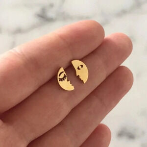 Abstract Moon Face Stud Earrings Gold or Silver